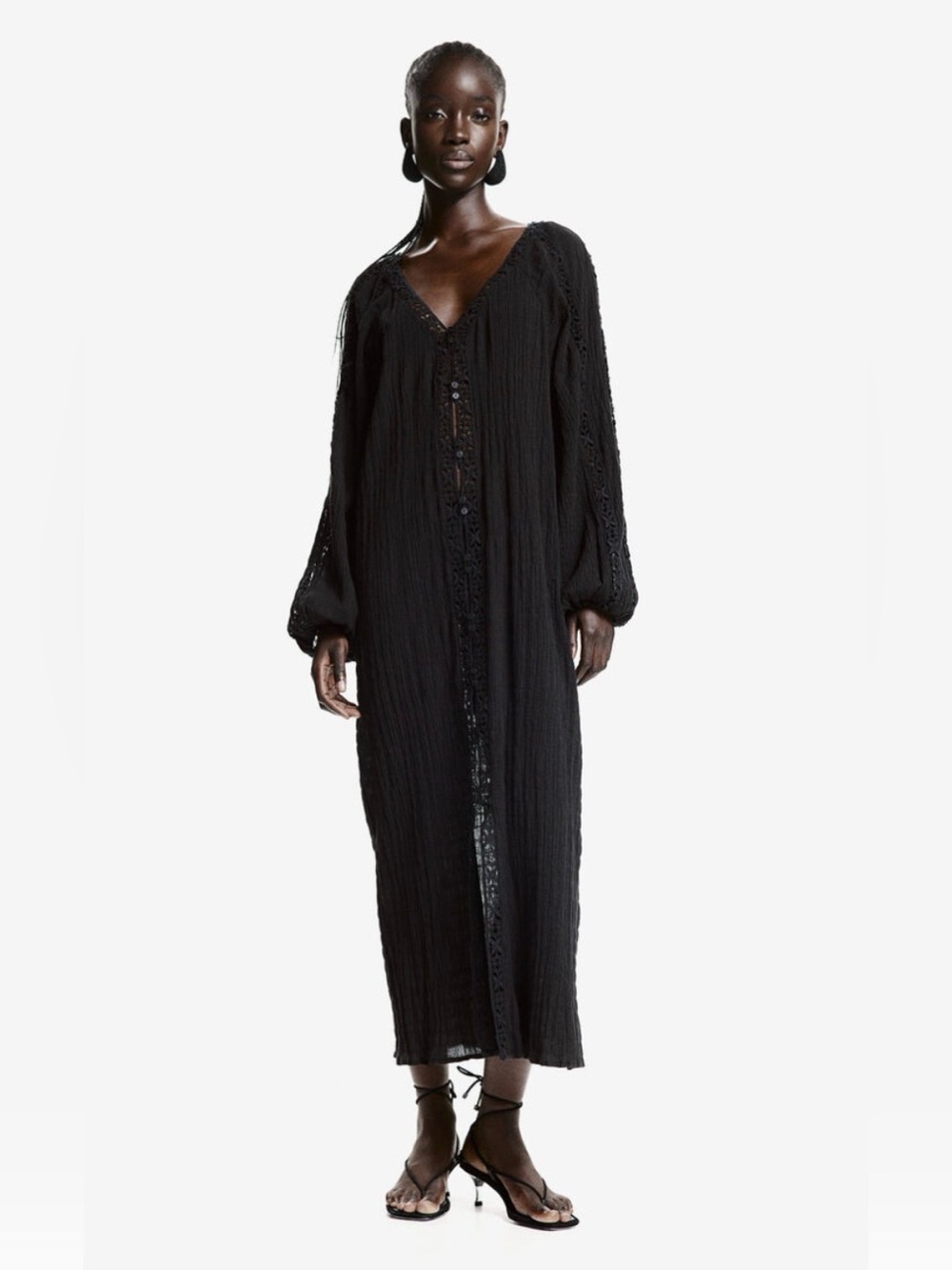 H&M Black Ballon  Sleeve Maxi Dress With Crochet Lace Trim XXL EUC plus size